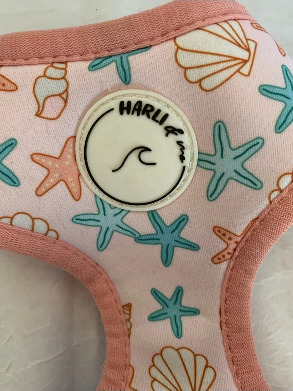 Harli & Me soft pet harness pastel pink with a seaside pattern